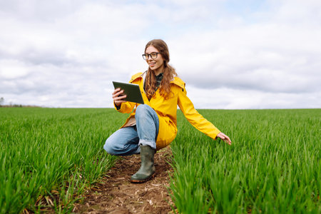 Young farmer woman in a green field, intently using a tablet. She wears a yellow jacket and glassesの写真素材