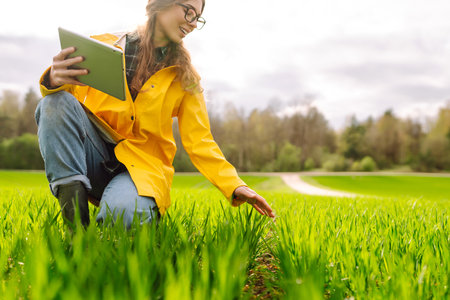 Innovative smart farm system technology, agricultural management. Farmer with tablet in green fieldの写真素材