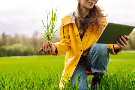 A young farmer woman in a green field, intently using a tablet. The concept of technology, gardeningの写真素材