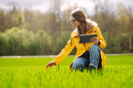 Young farmer woman in a green field, intently using a tablet. She wears a yellow jacket and glassesの写真素材