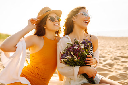 Two beautiful women enjoying on the beach. Female friends walking on the beach. Lifestyle concept.の写真素材