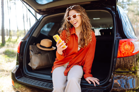 Beautiful woman sits in the trunk of a car outdoor and uses a smartphone. Lifestyleの写真素材