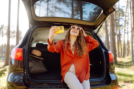 Happy woman sits on the trunk of her car and taking a selfie. Selfie while traveling by car.の写真素材