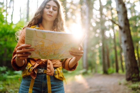 A traveler woman stands in a lush forest, examining a map with a focused expressionの写真素材