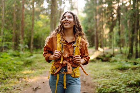 Tourist woman hiking alone in thick autumn forest. Stylish female looks for pathway among trees.の写真素材