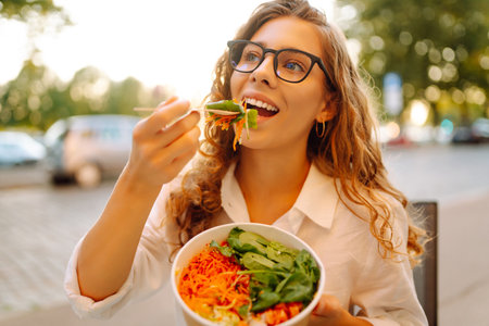 Young tourist standing in the middle of the street, eating takeaway lunch while taking in the sightsの写真素材