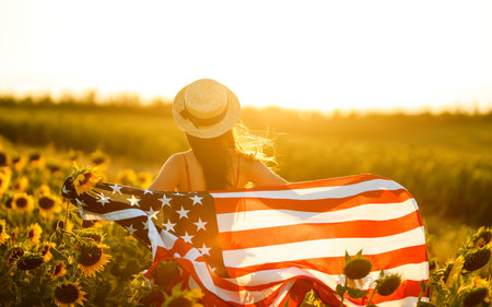 Beautiful girl in hat with the American flag in a sunflower field. 4th of July. Fourth of July. Independence Day.の写真素材