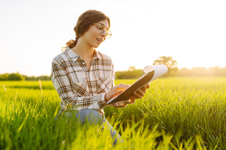 Young female farmer is studying with tablet young wheat in the field. Concept for farm development.の写真素材