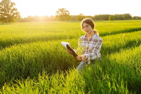 Young female farmer is studying with tablet young wheat in the field. Concept for farm development.
