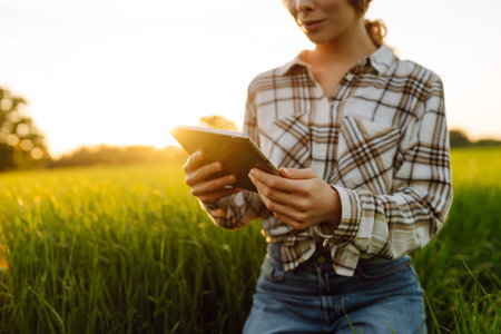 A young woman agronomist checks the growth of the crop. Concept of gardening, ecology.の写真素材
