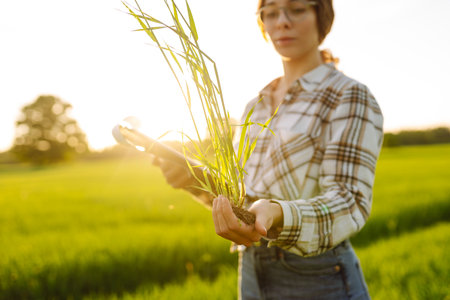Young female farmer is studying with tablet young wheat in the field. Concept for farm development.