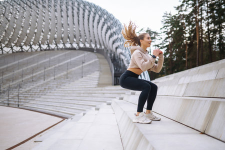Woman, fitness and stretching in city getting ready for workout. People, sport conceptの写真素材