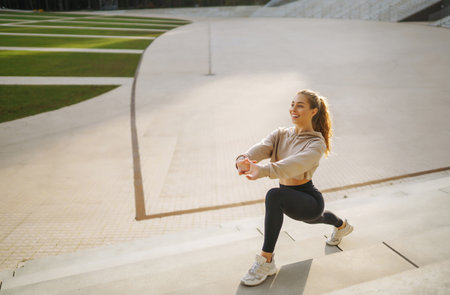 Woman, fitness and stretching in city getting ready for workout. People, sport concept