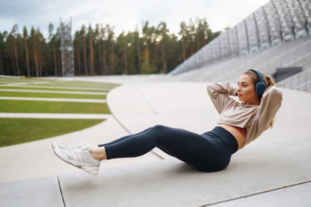 Woman, fitness and stretching in city getting ready for workout. People, sport conceptの写真素材