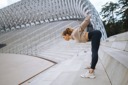 Woman, fitness and stretching in city getting ready for workout. People, sport conceptの写真素材