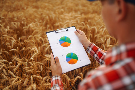 Tablet in the hands of a farmer. Smart farm. Farmer checking his crops on an agricultural field.の写真素材