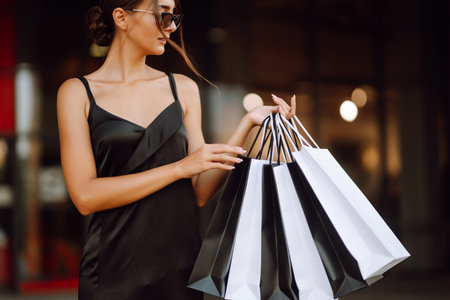 Shopping bags in the hands. Fashion woman with packages after shopping. Black friday, sale.の写真素材
