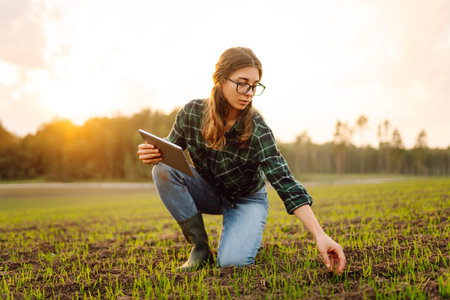 Farmer woman in boots checks the quality of the soil before sowing in her hands with digital tablet.の写真素材