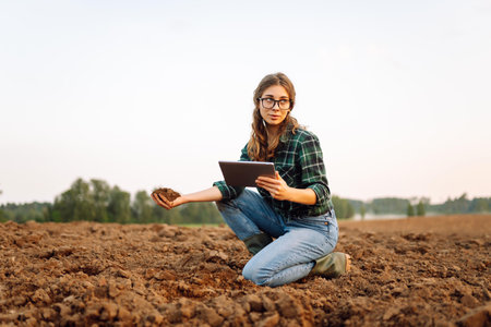 Young woman agronomist checks the quality of the soil before sowing. Concept of technology, ecology.の写真素材