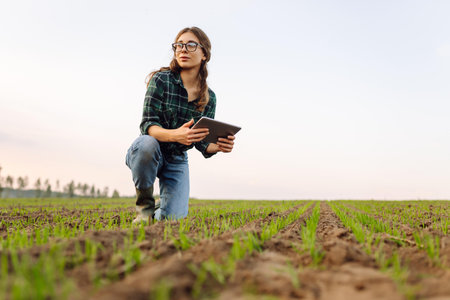 A woman agronomist examines new sprouted shoots in the field using a digital tablet.の写真素材