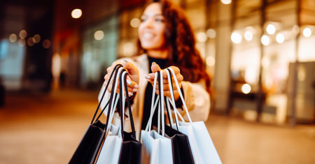 Beauty woman with shopping bags walks through the sunny streets of Europe. Consumerism, shoppingの写真素材