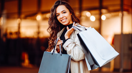 Beauty woman with shopping bags walks through the sunny streets of Europe. Consumerism, shoppingの写真素材