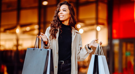 Beauty woman with shopping bags walks through the sunny streets of Europe. Consumerism, shoppingの写真素材