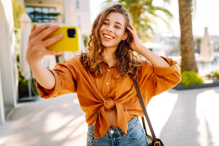 Tourist takes selfie with smartphone camera while walking along sunny streets of resort town.