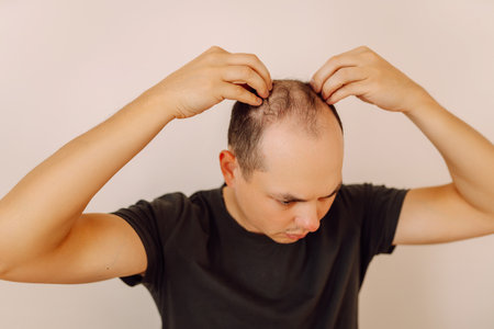 Baldness on the head of a middle-aged man. Hair loss. Male hair loss, early baldness and alopecia.の写真素材