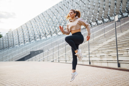 Athletic young woman training outdoors. Fitness woman stretching outdoors. Active lifestyle.の写真素材