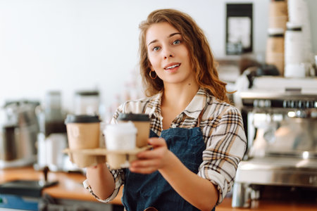 Portrait of a young female barista with a glass holder with drinks to go. Takeaway delivery concept.の写真素材