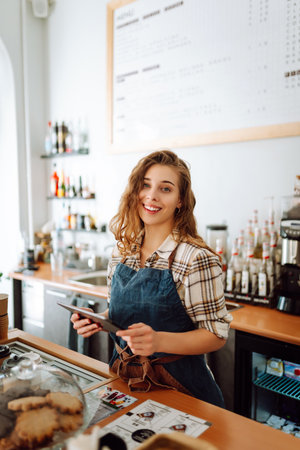 Successful small business owner stands behind counter of coffee shop with digital tablet takes orderの写真素材