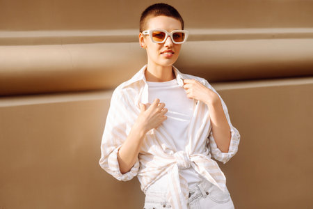 Beautiful woman in stylish clothes and short hair poses. Minimalism, urban style clothes.の写真素材