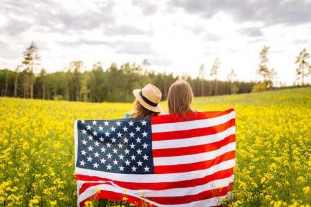 4th of July. Independence Day. Patriotic holiday. USA flag fluttering in the wind.の写真素材