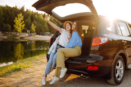 Portrait of two young women on a car trip having fun. Active lifestyle, travel, tourism, nature.の写真素材