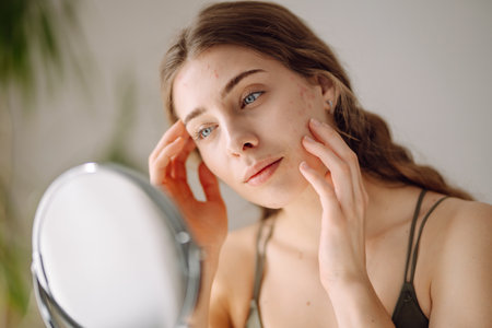 Woman worry about her face when she saw the problem of acne occur by a mini mirror. Pimples, acneの写真素材