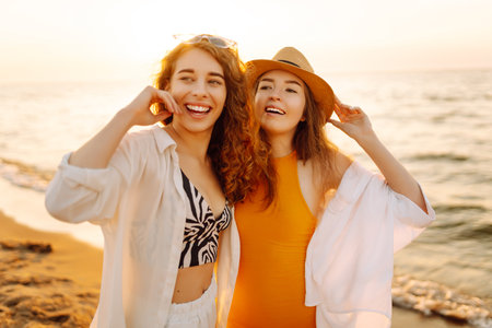 Portrait of two young female friends walking on the sea shore at sunset. Lifestyle concept.の写真素材