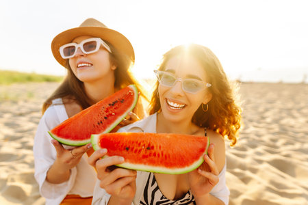 Smiling two women eating watermelon on beach. Happy summer time. People, lifestyle, travel