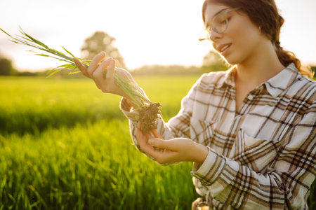 Woman owner of a wheat farm checks quality of wheat through an application on digital tablet.の写真素材
