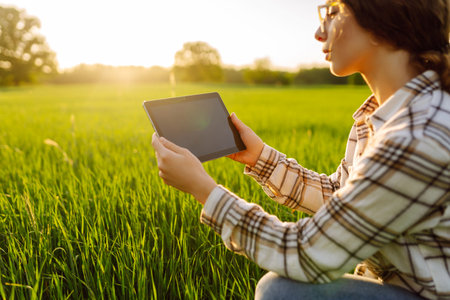 A young woman agronomist checks the growth of the crop. Concept of gardening, ecology.の写真素材