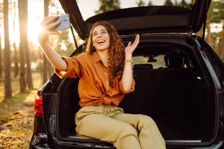 A woman in the trunk of a car at sunset. Traveling by car, camping. Active lifestyle.の写真素材
