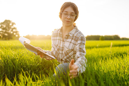 Young female farmer is studying with tablet young wheat in the field. Concept for farm development.の写真素材