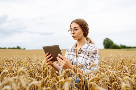 Woman agronomist in a field with a tablet checks the growth of the crop. New harvest concept.