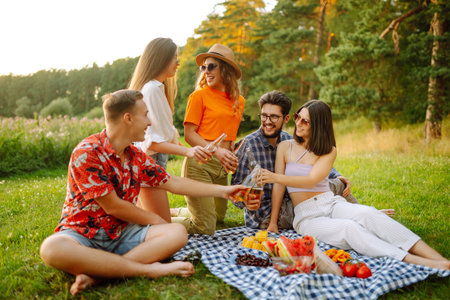 Happy group of friends resting in nature in picnic. People, lifestyle, relaxation, vacations concept.の写真素材