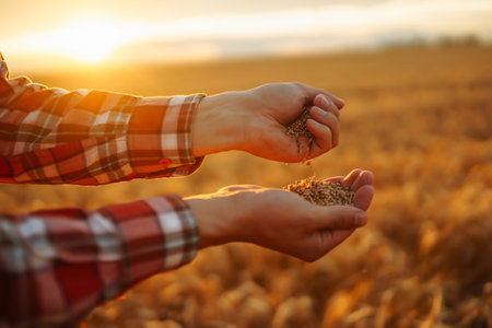 Hands Of Farmer Close-up Holding Handful Of Wheat Grains In Wheat Field. Growth nature harvest.の写真素材