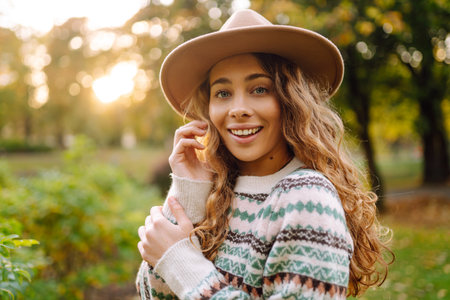 Portrait of a stylish smiling woman walking in park. Concept of nature, relax.の写真素材