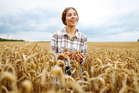 Agronomist holds ears of wheat, check quality of wheat grain. Agriculture food industry.