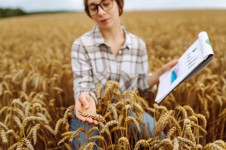 A young woman agronomist in a wheat field with a tablet in her hand checks the field.