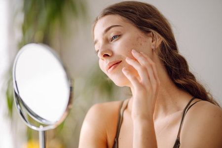Woman worry about her face when she saw the problem of acne occur by a mini mirror. Pimples, acneの写真素材