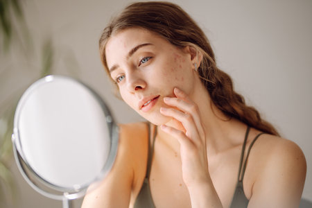 Woman looking at her face in a mirror, noticing acne and pimples.の写真素材